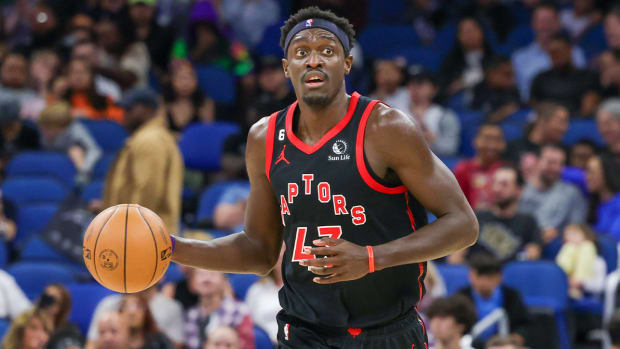 Dec 9, 2022; Orlando, Florida, USA; Toronto Raptors forward Pascal Siakam (43) brings the ball up court against the Orlando Magic during the second quarter at Amway Center.